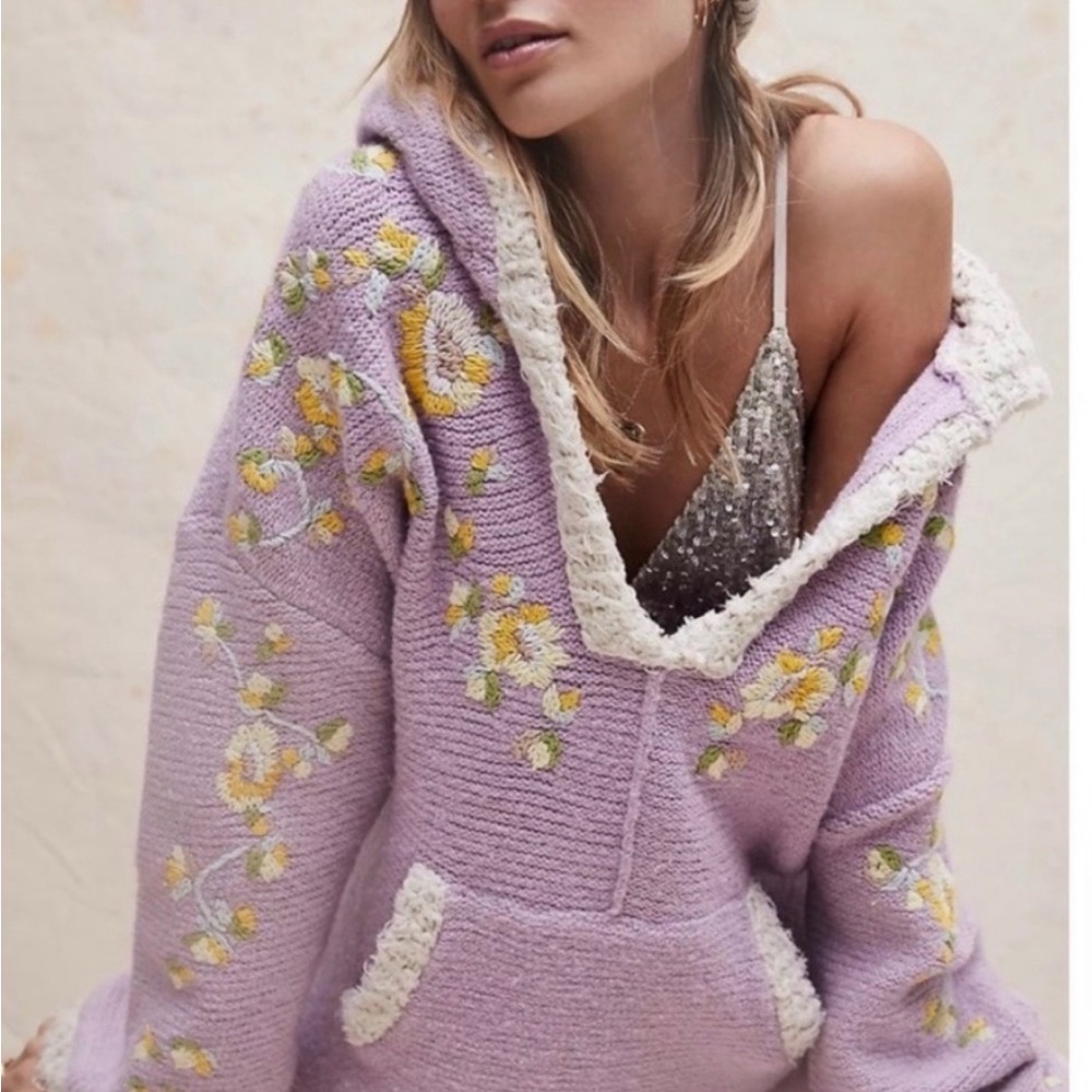 Free People Lavender Off-Shoulder Floral Knit Hoodie